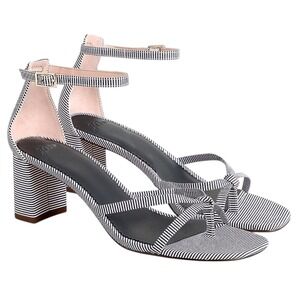 J. Crew Women's Skinny Cross strap‎ Block Heel Ankle Strap Sandals navy Stripe 7